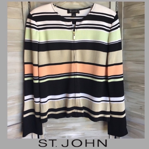 St. John Sweaters - ST. JOHN Striped Zip Knit Cardigan Black Label 8
